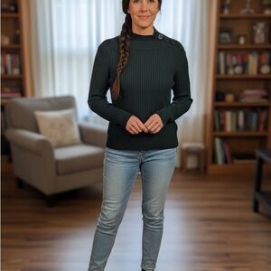 Revamped Dark Green Ribbed Button-Shoulder Sweater